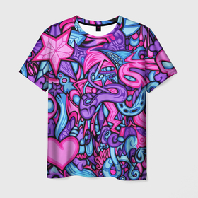 Мужская футболка 3D с принтом Acid graffiti with skulls в Екатеринбурге, 100% полиэфир | прямой крой, круглый вырез горловины, длина до линии бедер | абстрактные линии | абстракция | граффити | кислотное граффити | красивый фон | линии | текстура | цвета | цветная абстракция