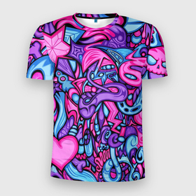 Мужская футболка 3D Slim с принтом Acid graffiti with skulls в Курске, 100% полиэстер с улучшенными характеристиками | приталенный силуэт, круглая горловина, широкие плечи, сужается к линии бедра | абстрактные линии | абстракция | граффити | кислотное граффити | красивый фон | линии | текстура | цвета | цветная абстракция