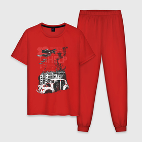 Мужская пижама хлопок с принтом Разрушенный закоулок в Курске, 100% хлопок | брюки и футболка прямого кроя, без карманов, на брюках мягкая резинка на поясе и по низу штанин
 | арт | дома | иллюстрация | самолет | седан