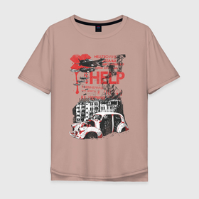 Мужская футболка хлопок Oversize с принтом Разрушенный закоулок в Белгороде, 100% хлопок | свободный крой, круглый ворот, “спинка” длиннее передней части | арт | дома | иллюстрация | самолет | седан