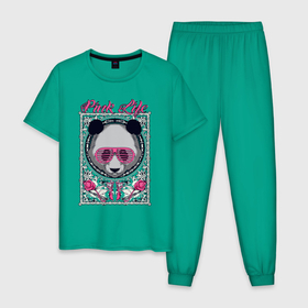 Мужская пижама хлопок с принтом Розовая пандочка в Кировске, 100% хлопок | брюки и футболка прямого кроя, без карманов, на брюках мягкая резинка на поясе и по низу штанин
 | pink | арт | иллюстрация | мишка | плюшевый | узоры