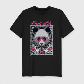 Мужская футболка хлопок Slim с принтом Розовая пандочка в Екатеринбурге, 92% хлопок, 8% лайкра | приталенный силуэт, круглый вырез ворота, длина до линии бедра, короткий рукав | pink | арт | иллюстрация | мишка | плюшевый | узоры
