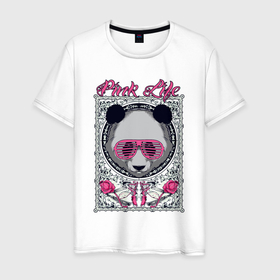 Мужская футболка хлопок с принтом Розовая пандочка в Петрозаводске, 100% хлопок | прямой крой, круглый вырез горловины, длина до линии бедер, слегка спущенное плечо. | pink | арт | иллюстрация | мишка | плюшевый | узоры