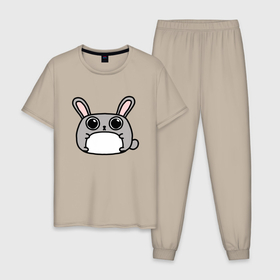 Мужская пижама хлопок с принтом Кролик Пушок в Белгороде, 100% хлопок | брюки и футболка прямого кроя, без карманов, на брюках мягкая резинка на поясе и по низу штанин
 | animal | beast | bunny | bunny fluff | fluff | gray | gray hare | gray rabbit | hare | rabbit | rabbits | белый | животинка | животное | зайчик | зайчик пушок | заяц | заяц пушок | зверек | зверь | кролик | кролик пушок | кролики | пушок | серый