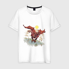 Мужская футболка хлопок с принтом Драконий вор в Санкт-Петербурге, 100% хлопок | прямой крой, круглый вырез горловины, длина до линии бедер, слегка спущенное плечо. | Тематика изображения на принте: арт | водопад | дракон | козёл | край мира | небо | рисунок | солнце
