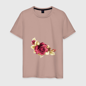 Мужская футболка хлопок с принтом Цветочный дизайн Роза в Кировске, 100% хлопок | прямой крой, круглый вырез горловины, длина до линии бедер, слегка спущенное плечо. | бутон | лето | листья | природа | роза | флора | цветы