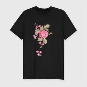 Мужская футболка хлопок Slim с принтом Садовые розы , 92% хлопок, 8% лайкра | приталенный силуэт, круглый вырез ворота, длина до линии бедра, короткий рукав | ветка | лето | листья | природа | садовые розы | узор | цветы