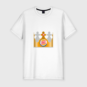 Мужская футболка хлопок Slim с принтом А когда уйдет король в Новосибирске, 92% хлопок, 8% лайкра | приталенный силуэт, круглый вырез ворота, длина до линии бедра, короткий рукав | burger king | membrands | бургер кинг | корона | кризис | кризис 2022 | мем с брендом | санкции | санкции 2022 | шутка