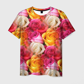 Мужская футболка 3D с принтом Красные, желтые и белые розы в Курске, 100% полиэфир | прямой крой, круглый вырез горловины, длина до линии бедер | белые розы | желтые розы | красные розы | розовые розы | розы | цветочки | цветы