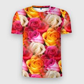 Мужская футболка 3D Slim с принтом Красные, желтые и белые розы в Курске, 100% полиэстер с улучшенными характеристиками | приталенный силуэт, круглая горловина, широкие плечи, сужается к линии бедра | белые розы | желтые розы | красные розы | розовые розы | розы | цветочки | цветы