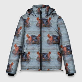 Мужская зимняя куртка 3D с принтом бегемоты в воде в Курске, верх — 100% полиэстер; подкладка — 100% полиэстер; утеплитель — 100% полиэстер | длина ниже бедра, свободный силуэт Оверсайз. Есть воротник-стойка, отстегивающийся капюшон и ветрозащитная планка. 

Боковые карманы с листочкой на кнопках и внутренний карман на молнии. | бегемот | бегемоты | вода | купается | купание