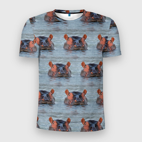 Мужская футболка 3D Slim с принтом бегемоты в воде в Курске, 100% полиэстер с улучшенными характеристиками | приталенный силуэт, круглая горловина, широкие плечи, сужается к линии бедра | бегемот | бегемоты | вода | купается | купание