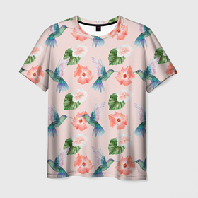 Мужская футболка 3D с принтом Колибри и нежные цветы , 100% полиэфир | прямой крой, круглый вырез горловины, длина до линии бедер | колибри | маленькая птица | нежные цветы | птицы | птички | цветочки | цветы