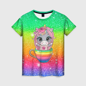 Женская футболка 3D с принтом Единорог  в радужной кружке в Белгороде, 100% полиэфир ( синтетическое хлопкоподобное полотно) | прямой крой, круглый вырез горловины, длина до линии бедер | единорог | единорог в кружке | пони | радуга | разноцветный
