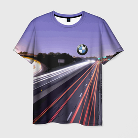 Мужская футболка 3D с принтом BMW   Ночная трасса в Петрозаводске, 100% полиэфир | прямой крой, круглый вырез горловины, длина до линии бедер | bmw | germany | lights | night | route | sky | бмв | германия | небо | ночь | огни | трасса