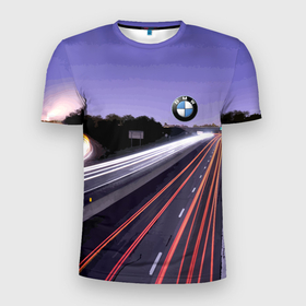 Мужская футболка 3D Slim с принтом BMW   Ночная трасса в Кировске, 100% полиэстер с улучшенными характеристиками | приталенный силуэт, круглая горловина, широкие плечи, сужается к линии бедра | bmw | germany | lights | night | route | sky | бмв | германия | небо | ночь | огни | трасса