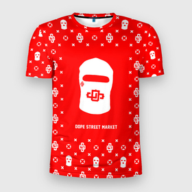 Мужская футболка 3D Slim с принтом Узор Red Dope Ski Mask (Dope Street Market) в Санкт-Петербурге, 100% полиэстер с улучшенными характеристиками | приталенный силуэт, круглая горловина, широкие плечи, сужается к линии бедра | Тематика изображения на принте: балаклава | модные | узор | хайп | шмот