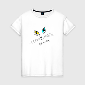 Женская футболка хлопок с принтом Загадочная кошка в Белгороде, 100% хлопок | прямой крой, круглый вырез горловины, длина до линии бедер, слегка спущенное плечо | глаза | графика | коты | кошка | мордочка