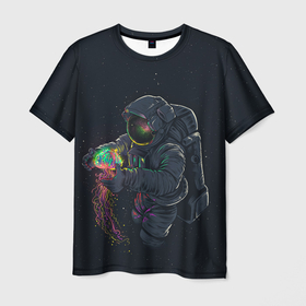 Мужская футболка 3D с принтом Космонавт и медуза в Кировске, 100% полиэфир | прямой крой, круглый вырез горловины, длина до линии бедер | астронавт | вселенная | галактика | звезды | космонавт | космос | медуза | скафандр | сюрреализм