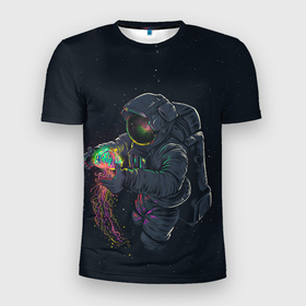 Мужская футболка 3D Slim с принтом Космонавт и медуза , 100% полиэстер с улучшенными характеристиками | приталенный силуэт, круглая горловина, широкие плечи, сужается к линии бедра | астронавт | вселенная | галактика | звезды | космонавт | космос | медуза | скафандр | сюрреализм