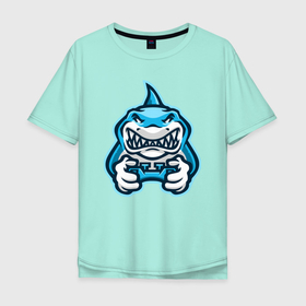 Мужская футболка хлопок Oversize с принтом Shark player в Курске, 100% хлопок | свободный крой, круглый ворот, “спинка” длиннее передней части | fin | jaw | player | shark | teeth | акула | зубы | игрок | пасть | плавник | челюсти