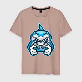 Мужская футболка хлопок с принтом Shark player в Санкт-Петербурге, 100% хлопок | прямой крой, круглый вырез горловины, длина до линии бедер, слегка спущенное плечо. | fin | jaw | player | shark | teeth | акула | зубы | игрок | пасть | плавник | челюсти