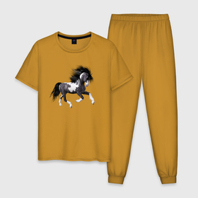 Мужская пижама хлопок с принтом Лощадь в Новосибирске, 100% хлопок | брюки и футболка прямого кроя, без карманов, на брюках мягкая резинка на поясе и по низу штанин
 | белая лощадь | конь | лошади | лощадка | лощадь | скакун