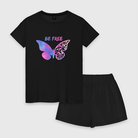 Женская пижама с шортиками хлопок с принтом Бабочка Тай Дай , 100% хлопок | футболка прямого кроя, шорты свободные с широкой мягкой резинкой | be free | бабочка | бабочка тай дай | крылья | тай дай