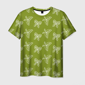 Мужская футболка 3D с принтом Узор. Белые листья на оливковом. в Тюмени, 100% полиэфир | прямой крой, круглый вырез горловины, длина до линии бедер | белые листочки | белые листья | болотный | графика | графический | графический узор | зеленый | лист | листок | листочек | листочки | листочки узор | листья | нейтральный дизайн | нейтральный узор