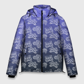 Мужская зимняя куртка 3D с принтом Узор бабочки на синем. в Белгороде, верх — 100% полиэстер; подкладка — 100% полиэстер; утеплитель — 100% полиэстер | длина ниже бедра, свободный силуэт Оверсайз. Есть воротник-стойка, отстегивающийся капюшон и ветрозащитная планка. 

Боковые карманы с листочкой на кнопках и внутренний карман на молнии. | бабочка | бабочки | бабочки минимализм | белые бабочки | белые линии | графика | графический | графический узор | девушкам | линии | минимализм | монохром | монохромный | насекомые