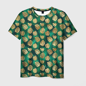 Мужская футболка 3D с принтом Золотые листья паттерн в Екатеринбурге, 100% полиэфир | прямой крой, круглый вырез горловины, длина до линии бедер | Тематика изображения на принте: золото | золотые листья | лето | листочки | листья | паттерн