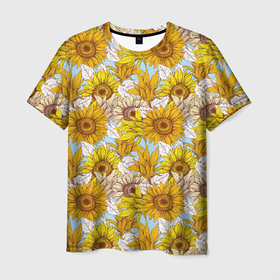 Мужская футболка 3D с принтом Желтые подсолнухи   паттерн в Кировске, 100% полиэфир | прямой крой, круглый вырез горловины, длина до линии бедер | желтые подсолнухи | лето | подсолнухи | поле | семена | семечки | цветы