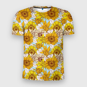 Мужская футболка 3D Slim с принтом Желтые подсолнухи   паттерн в Кировске, 100% полиэстер с улучшенными характеристиками | приталенный силуэт, круглая горловина, широкие плечи, сужается к линии бедра | желтые подсолнухи | лето | подсолнухи | поле | семена | семечки | цветы