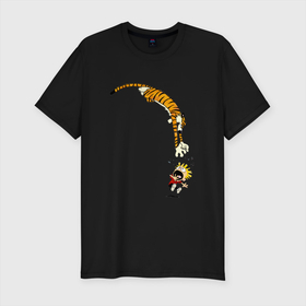 Мужская футболка хлопок Slim с принтом Тигриный прыжок в Белгороде, 92% хлопок, 8% лайкра | приталенный силуэт, круглый вырез ворота, длина до линии бедра, короткий рукав | арт | иллюстрация | мультяшки | ребенок | тигр