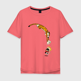 Мужская футболка хлопок Oversize с принтом Тигриный прыжок в Белгороде, 100% хлопок | свободный крой, круглый ворот, “спинка” длиннее передней части | арт | иллюстрация | мультяшки | ребенок | тигр