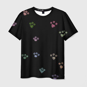Мужская футболка 3D с принтом Цветные лапки , 100% полиэфир | прямой крой, круглый вырез горловины, длина до линии бедер | животные | зверь | кот | котята | кошачьи | кошка | лапа | лапка | лапки | любимец | питомец | след | следы