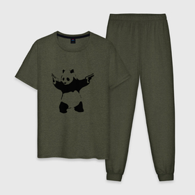 Мужская пижама хлопок с принтом Banksy. Panda with Guns , 100% хлопок | брюки и футболка прямого кроя, без карманов, на брюках мягкая резинка на поясе и по низу штанин
 | art | artist | banksy | graffiti | gun | panda | smile | street | бэнкси | оружие | панда | пистолет | смайл | стритарт | художник