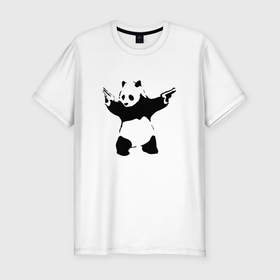 Мужская футболка хлопок Slim с принтом Banksy. Panda with Guns в Новосибирске, 92% хлопок, 8% лайкра | приталенный силуэт, круглый вырез ворота, длина до линии бедра, короткий рукав | Тематика изображения на принте: art | artist | banksy | graffiti | gun | panda | smile | street | бэнкси | оружие | панда | пистолет | смайл | стритарт | художник