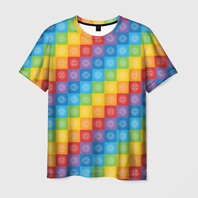 Мужская футболка 3D с принтом Разноцветные Чакры в Курске, 100% полиэфир | прямой крой, круглый вырез горловины, длина до линии бедер | аум | будда | буддист | веган | герметизм | индиго | инь янь | йога | каббала | лотос | магия | мантра | медитация | нирвана | ом | посвящённый | просветление | психоделика | санскрит | суфизм | тайна