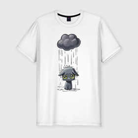 Мужская футболка хлопок Slim с принтом Щенок под дождём в Новосибирске, 92% хлопок, 8% лайкра | приталенный силуэт, круглый вырез ворота, длина до линии бедра, короткий рукав | cloud | ears | eyes | muzzle | puddle | puppy | rain | глаза | дождь | лужа | мордочка | нос | облако | уши | щенок