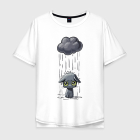 Мужская футболка хлопок Oversize с принтом Щенок под дождём в Белгороде, 100% хлопок | свободный крой, круглый ворот, “спинка” длиннее передней части | cloud | ears | eyes | muzzle | puddle | puppy | rain | глаза | дождь | лужа | мордочка | нос | облако | уши | щенок