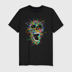 Мужская футболка хлопок Slim с принтом Color skull   Neon в Тюмени, 92% хлопок, 8% лайкра | приталенный силуэт, круглый вырез ворота, длина до линии бедра, короткий рукав | color | jaw | neon | skull | teeth | vanguard | авангард | неон | цвет | череп