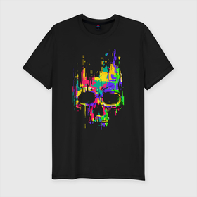 Мужская футболка хлопок Slim с принтом Color skull   Neon   Vanguard в Екатеринбурге, 92% хлопок, 8% лайкра | приталенный силуэт, круглый вырез ворота, длина до линии бедра, короткий рукав | color | fashion | neon | skull | vanguard | авангард | мода | неон | цвет | череп