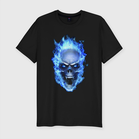 Мужская футболка хлопок Slim с принтом Neon skull   Vanguard , 92% хлопок, 8% лайкра | приталенный силуэт, круглый вырез ворота, длина до линии бедра, короткий рукав | flame | jaw | neon | skull | teeth | vanguard | авангард | зубы | неон | пасть | пламя | череп