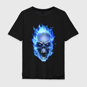 Мужская футболка хлопок Oversize с принтом Neon skull   Vanguard в Санкт-Петербурге, 100% хлопок | свободный крой, круглый ворот, “спинка” длиннее передней части | flame | jaw | neon | skull | teeth | vanguard | авангард | зубы | неон | пасть | пламя | череп
