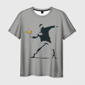 Мужская футболка 3D с принтом flower thrower в Тюмени, 100% полиэфир | прямой крой, круглый вырез горловины, длина до линии бедер | бэнкси | в топе | в тренде | графити | граффити | современное исскуство | стрит арт | уличное искусство