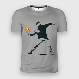 Мужская футболка 3D Slim с принтом flower thrower в Новосибирске, 100% полиэстер с улучшенными характеристиками | приталенный силуэт, круглая горловина, широкие плечи, сужается к линии бедра | бэнкси | в топе | в тренде | графити | граффити | современное исскуство | стрит арт | уличное искусство