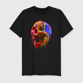 Мужская футболка хлопок Slim с принтом Color skull   Neon   Fashion в Новосибирске, 92% хлопок, 8% лайкра | приталенный силуэт, круглый вырез ворота, длина до линии бедра, короткий рукав | color | fashion | jaw | neon | skull | мода | неон | пасть | цвет | череп