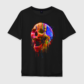 Мужская футболка хлопок Oversize с принтом Color skull   Neon   Fashion в Белгороде, 100% хлопок | свободный крой, круглый ворот, “спинка” длиннее передней части | color | fashion | jaw | neon | skull | мода | неон | пасть | цвет | череп