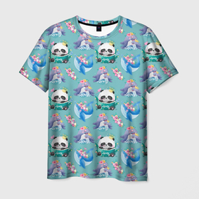 Мужская футболка 3D с принтом панды и киты , 100% полиэфир | прямой крой, круглый вырез горловины, длина до линии бедер | детский | кит | киты | панда | панды